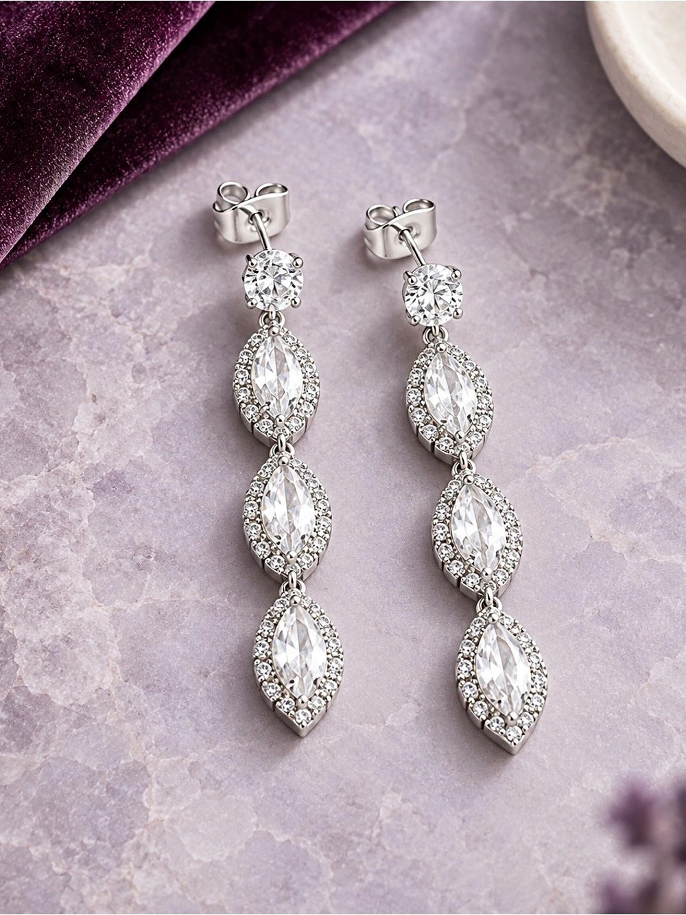 Cubic Zirconia Marquise and Round Drop Earrings Silver Like New
